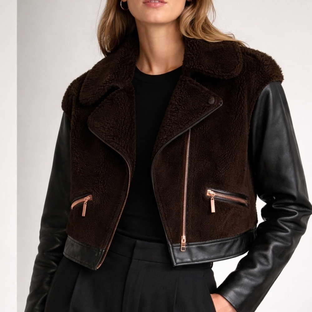 Cedric Charlier Shearling & Leather Moto Jacket Brown Black Cropped Size 10